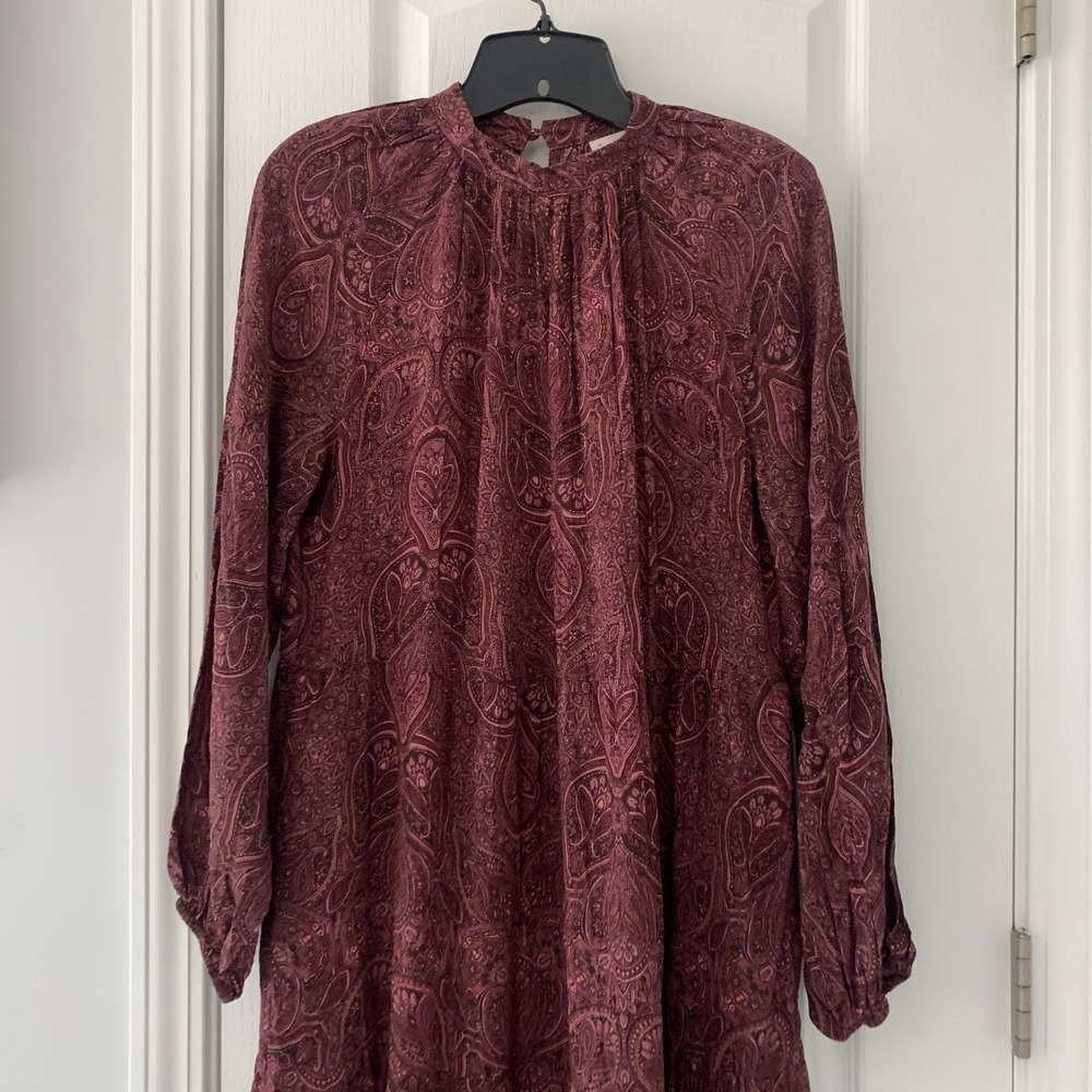 A New Day Womens Paisley Tiered Midi Dress Burgundy Purple Mock Neck Small